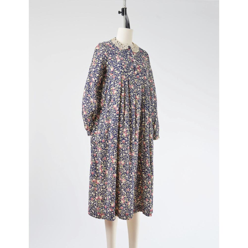Vintage 70s Floral Babydoll Peter Pan Lace Collared Midi Dress with Pockets S - Picture 3 of 10